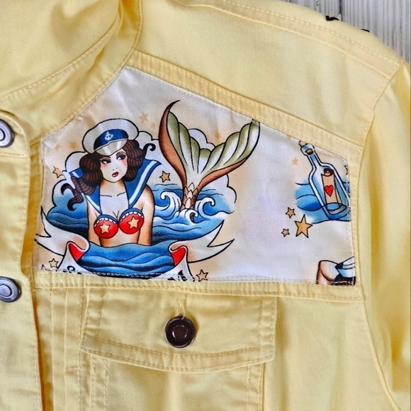 Handmade Forget Me Knot Mermaid Tattoo Flash Jacket in Yellow and Blue Sz XL NWT - Picture 8 of 11